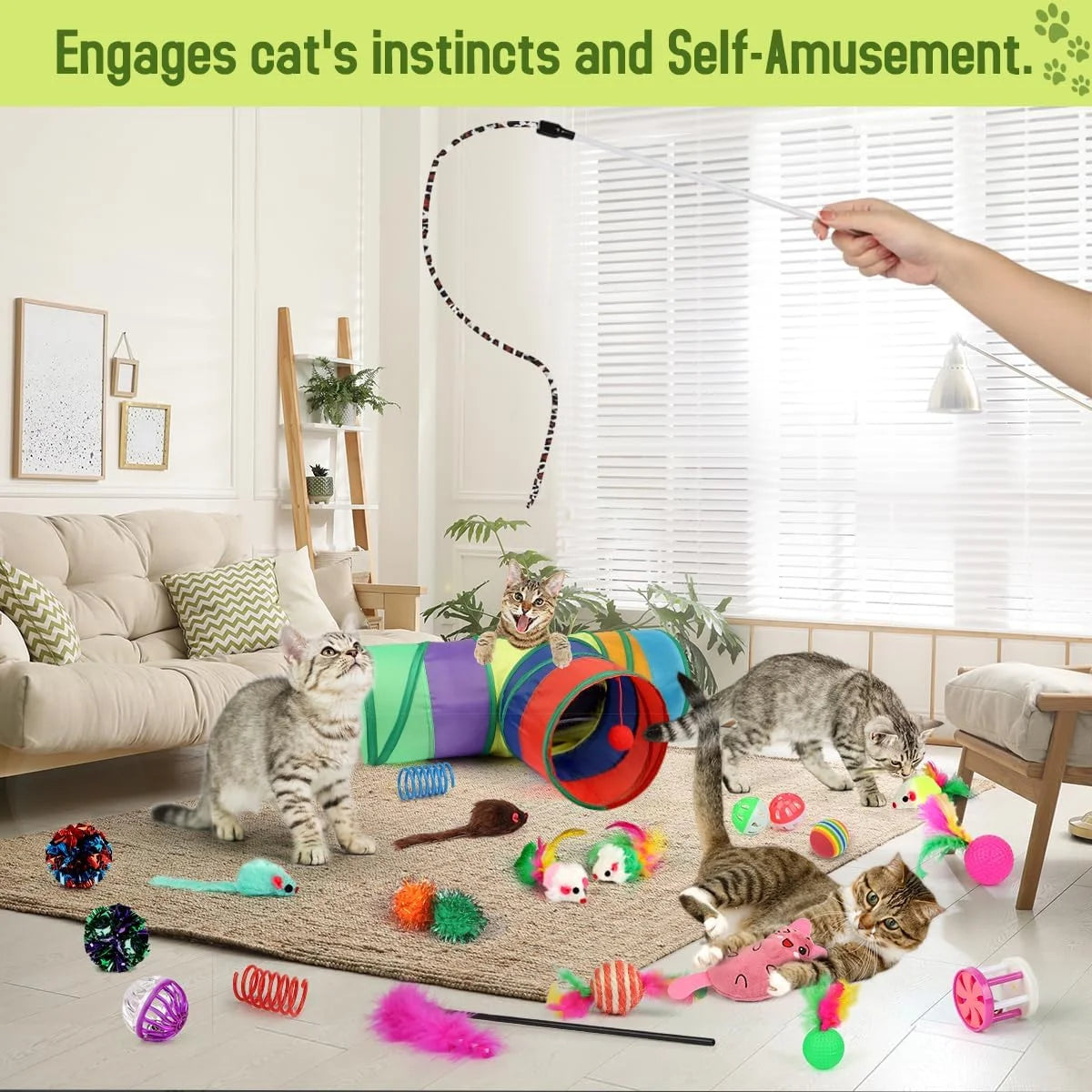 32-Piece Interactive Cat Toy Set with Collapsible Rainbow Tunnel, Feather Teasers, Crinkle Balls, and Spring Toys for Cats and Kittens