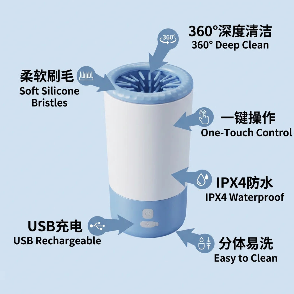 Electric Pet Paw Cleaner Automatic Dog Foot Washing Machine Portable USB-C Rechargeable Waterproof Cat Paw Washer Silicone Brush