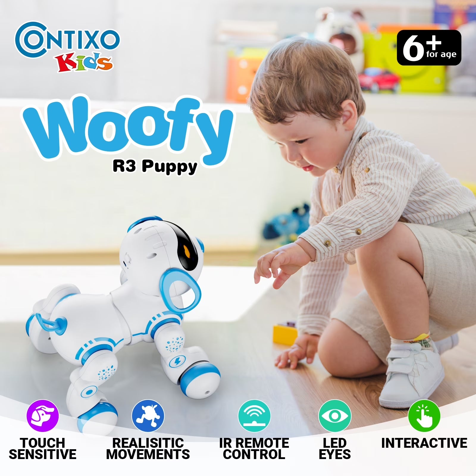 R3 Electronic Robot Dog, Interactive Smart Puppy Robot Toys, Kids Toys with Lights & Sounds, Blue