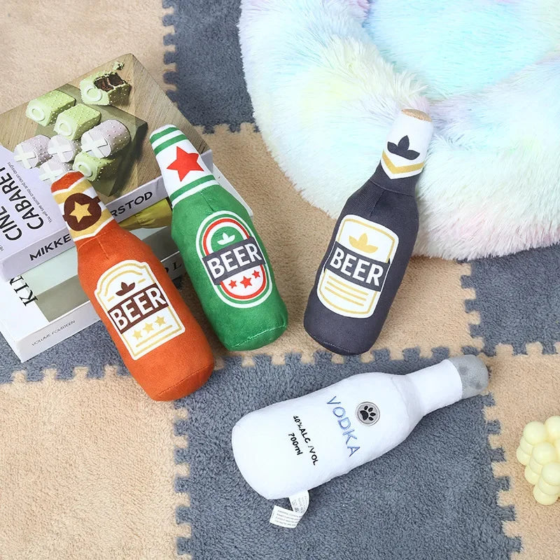 Plush Beer Bottle Dog Toy - Interactive Chew Toy for Small and Large Dogs with Squeak Sound and Dental Benefits
