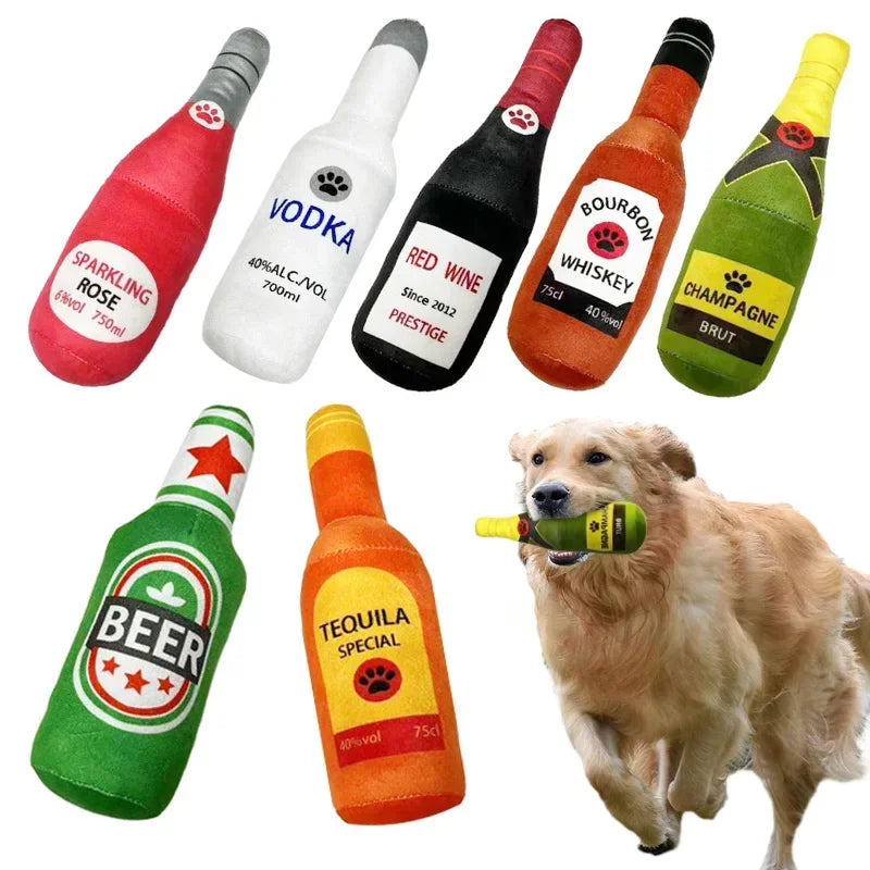 Plush Beer Bottle Dog Toy - Interactive Chew Toy for Small and Large Dogs with Squeak Sound and Dental Benefits