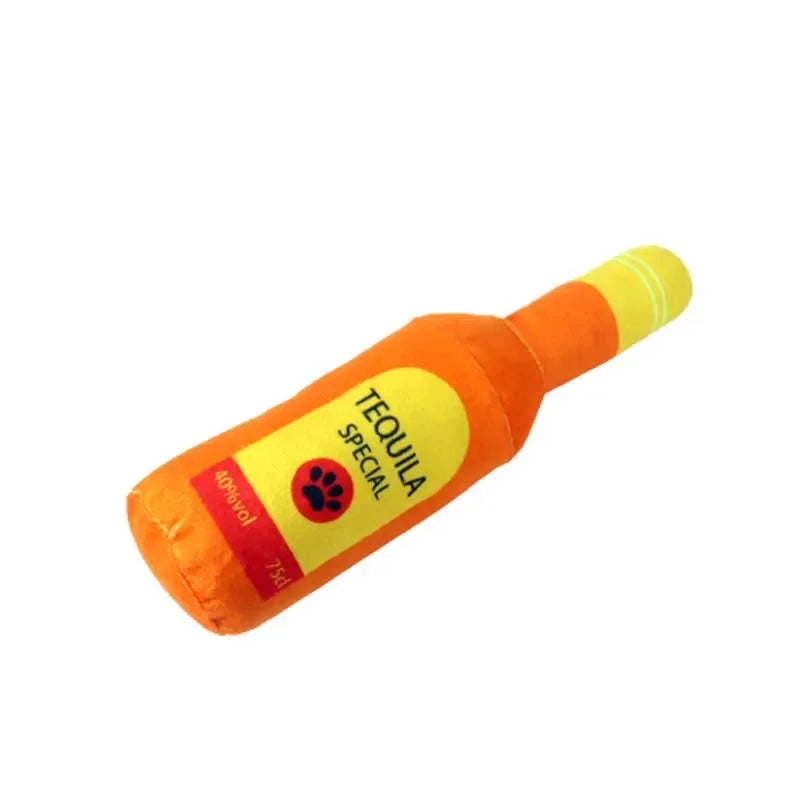 Plush Beer Bottle Dog Toy - Interactive Chew Toy for Small and Large Dogs with Squeak Sound and Dental Benefits