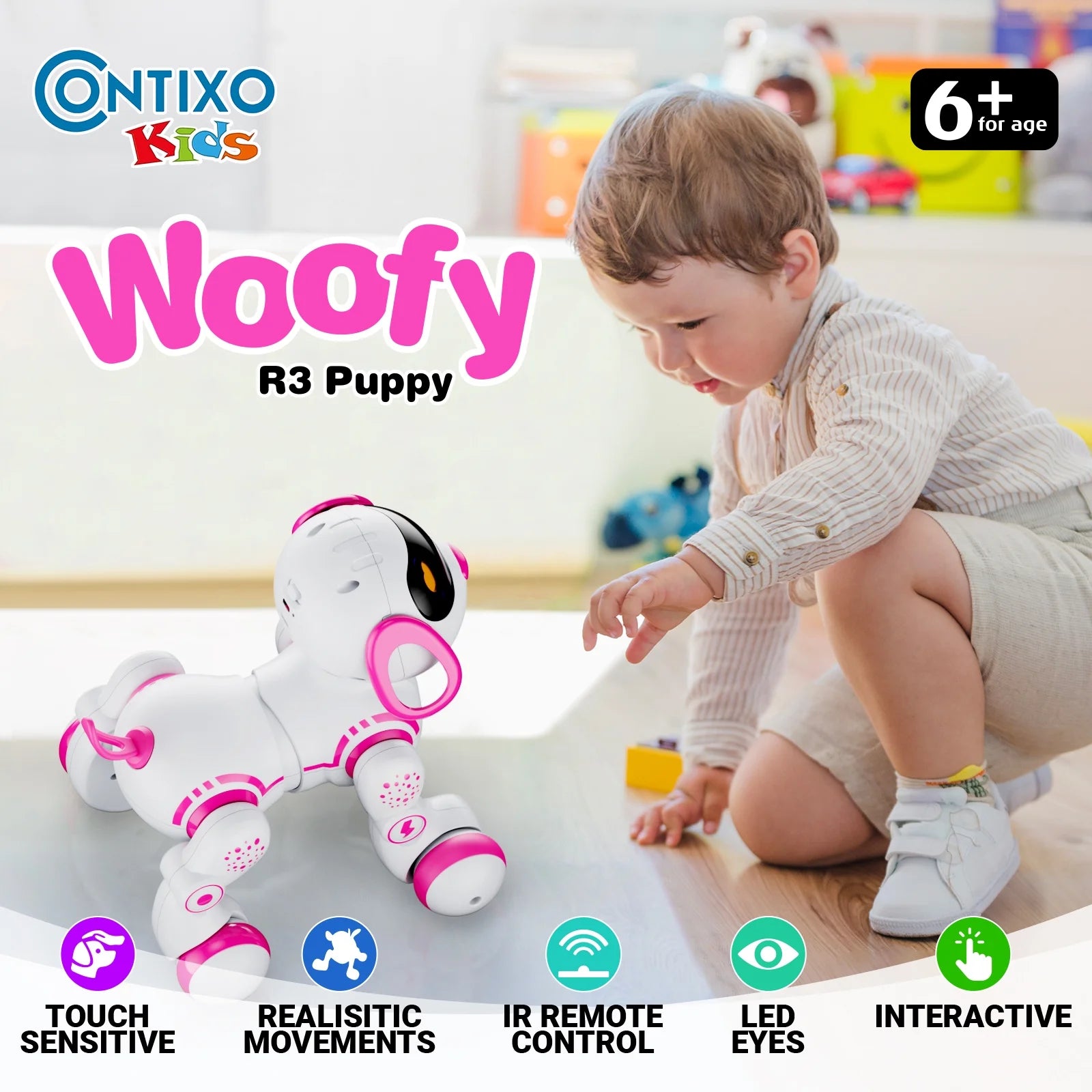 R3 Electronic Robot Dog, Interactive Smart Puppy Robot Toys, Kids Toys with Lights & Sounds, Pink