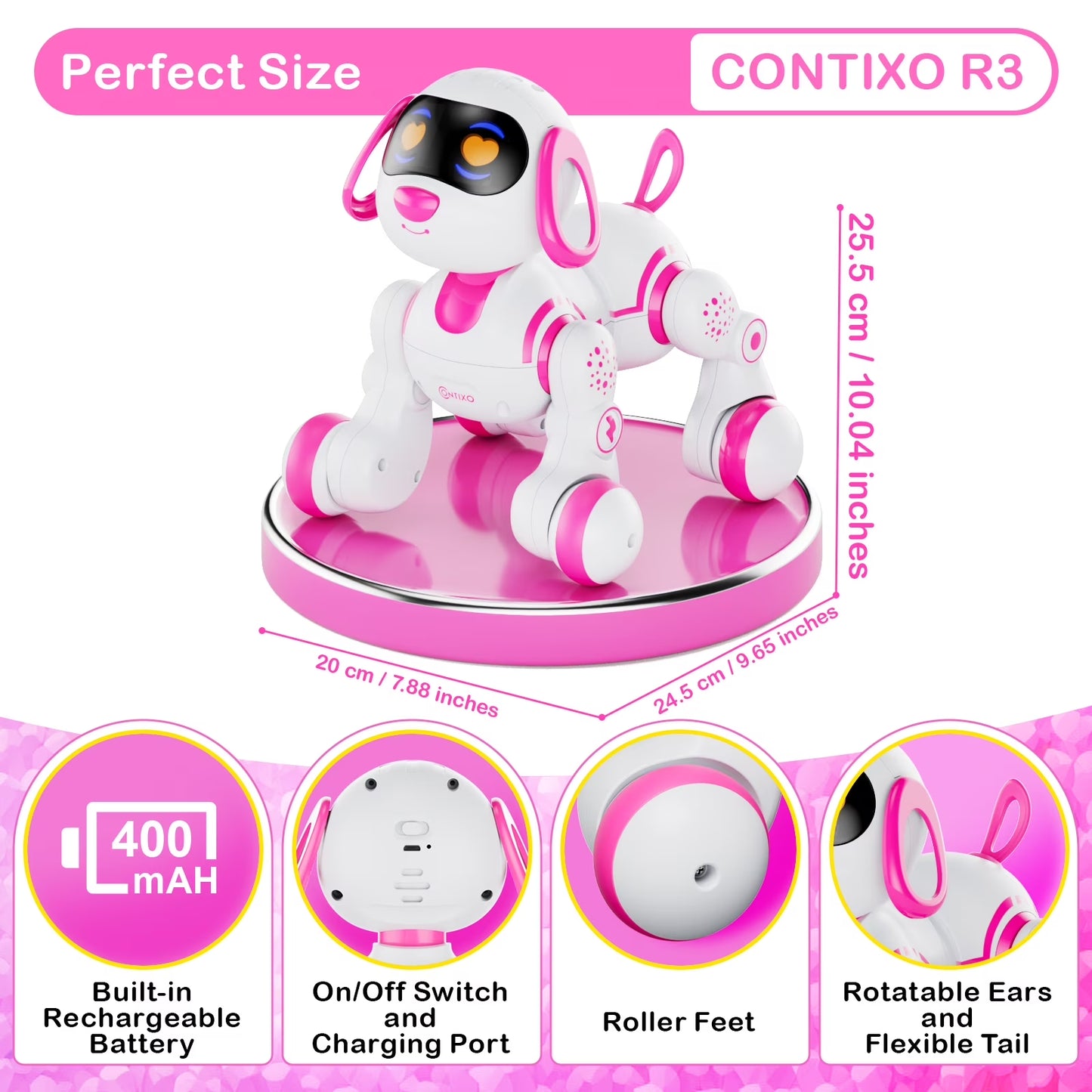 R3 Electronic Robot Dog, Interactive Smart Puppy Robot Toys, Kids Toys with Lights & Sounds, Pink