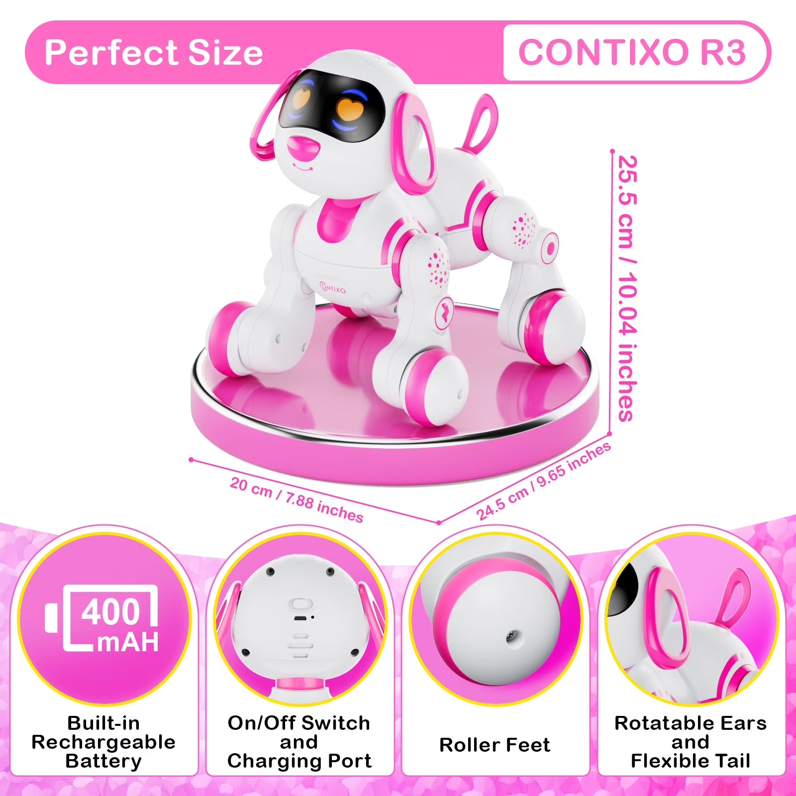 R3 Electronic Robot Dog, Interactive Smart Puppy Robot Toys, Kids Toys with Lights & Sounds, Pink