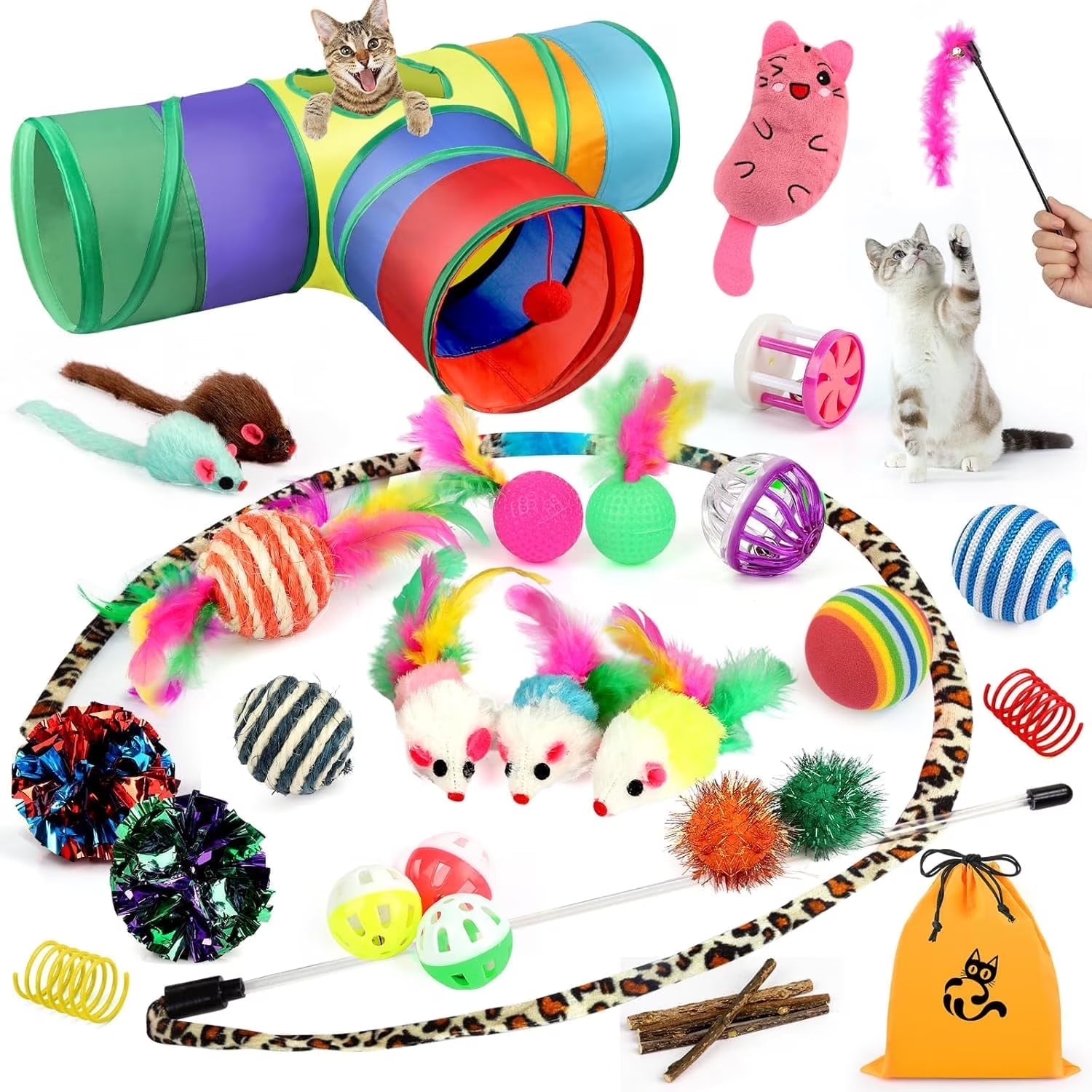 32-Piece Interactive Cat Toy Set with Collapsible Rainbow Tunnel, Feather Teasers, Crinkle Balls, and Spring Toys for Cats and Kittens
