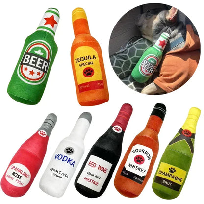 Plush Beer Bottle Dog Toy - Interactive Chew Toy for Small and Large Dogs with Squeak Sound and Dental Benefits