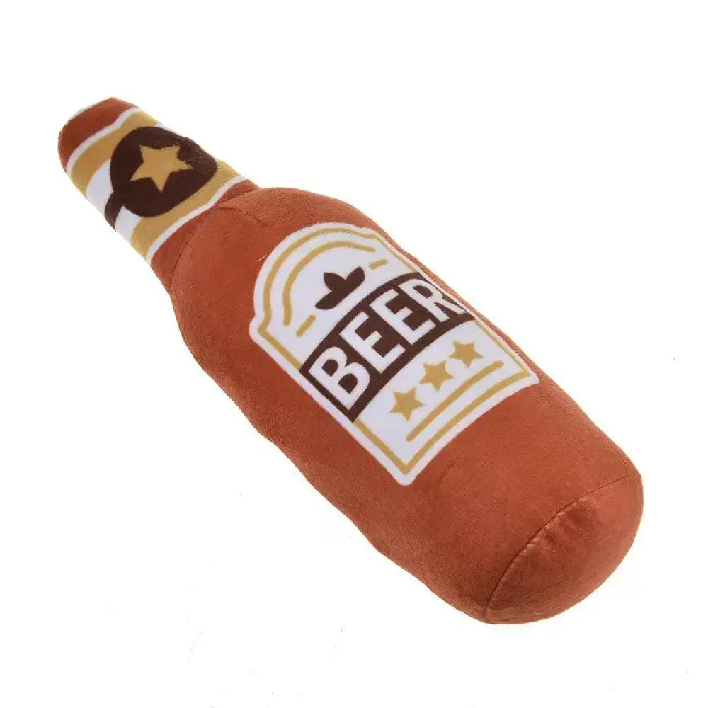 Plush Beer Bottle Dog Toy - Interactive Chew Toy for Small and Large Dogs with Squeak Sound and Dental Benefits