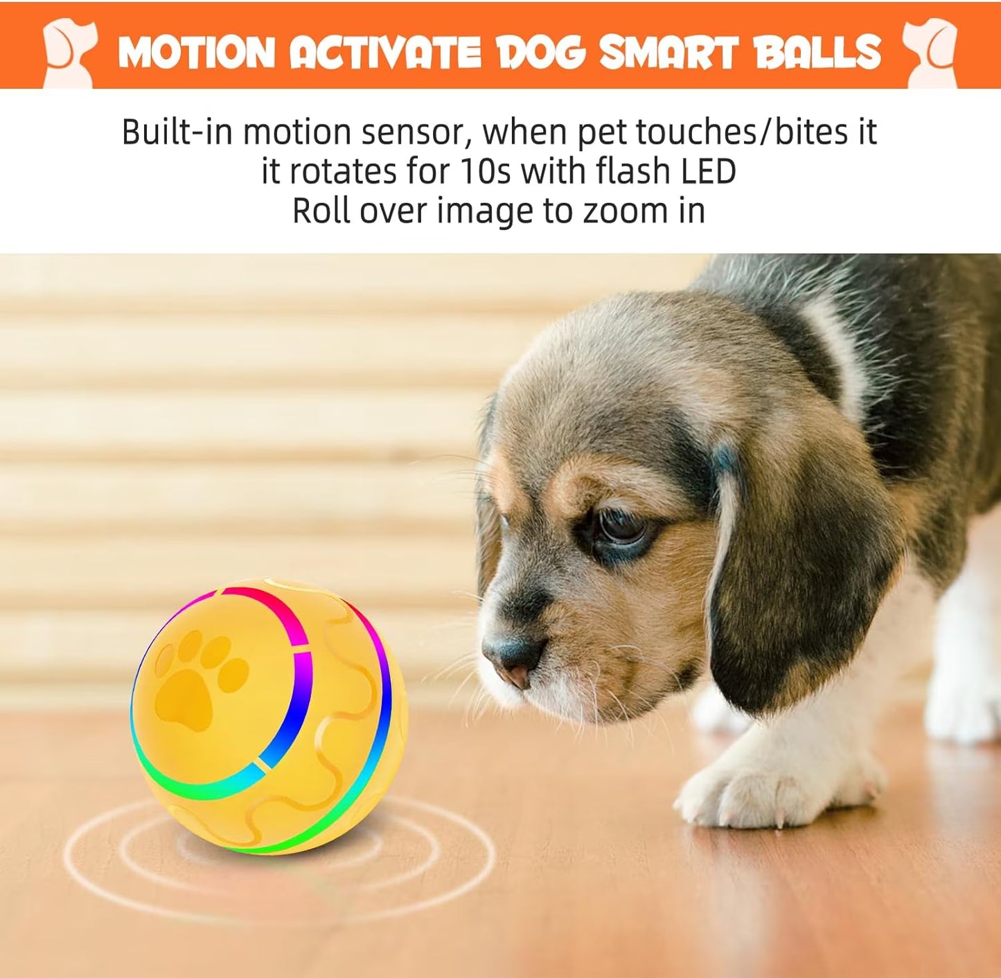 Interactive Dog Toys Dog Ball, Durable Automatic Rolling Ball with Led Flash Lights for Small Meduium Large Dogs Breed, USB Rechargeable Yellow