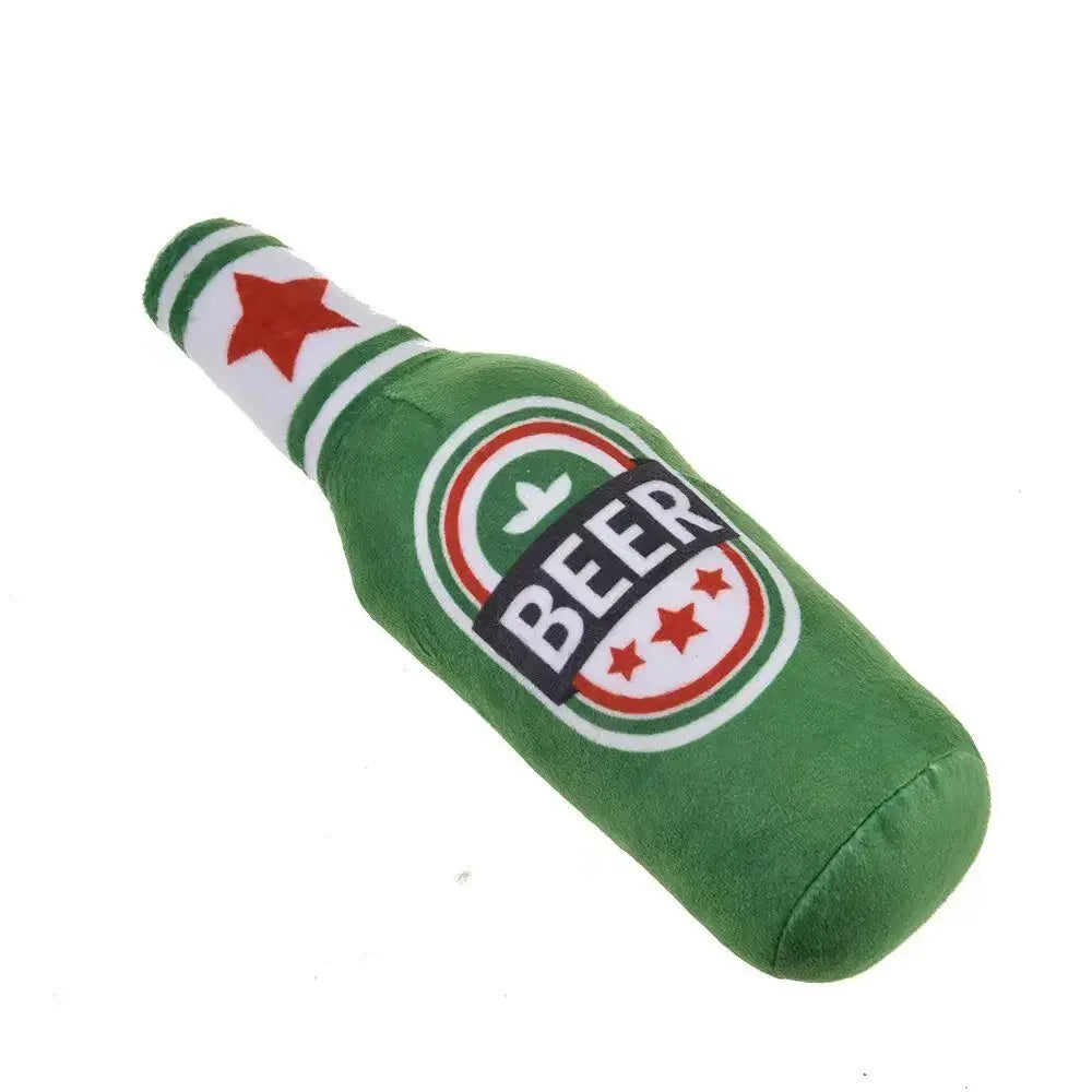 Plush Beer Bottle Dog Toy - Interactive Chew Toy for Small and Large Dogs with Squeak Sound and Dental Benefits