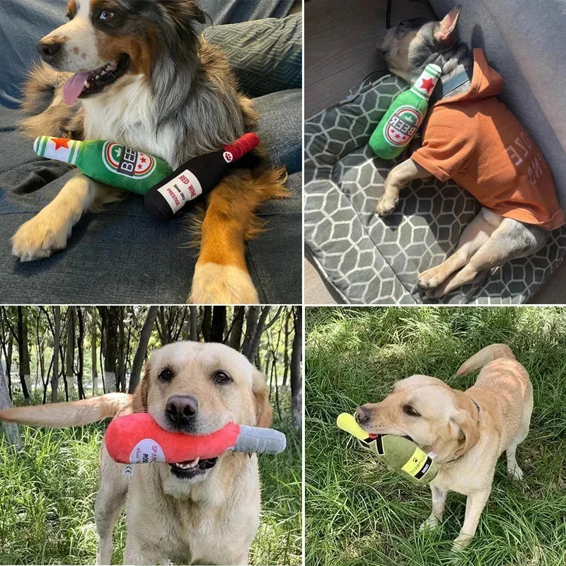 Plush Beer Bottle Dog Toy - Interactive Chew Toy for Small and Large Dogs with Squeak Sound and Dental Benefits