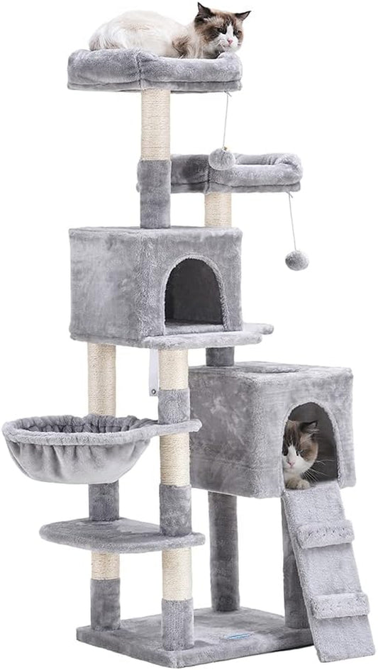 58-Inch Multi-Level Cat Tree with Sisal-Covered Scratching Posts, Two Plush Condos, and Hammock for Kittens and Cats in Light Gray
